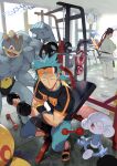  1girl 2boys artist_name battle_girl_(pokemon) black_belt_(pokemon) blue_hair brawly_(pokemon) closed_eyes closed_mouth dumbbell e_volution fingerless_gloves gen_1_pokemon gen_3_pokemon gloves green_pants gym headband holding indoors machamp makuhita meditite multiple_boys pants pokemon pokemon_(game) pokemon_oras ponytail red_headband short_sleeves sitting spiked_hair standing sweatdrop weightlifting 