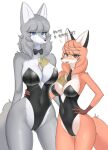  2021 ? alternate_version_at_source anthro blue_eyes blush breasts canid canine canis clothed clothing dialogue duo female fox fur grey_body grey_fur herbivore_high_school hoho_(herbivore_high_school) kemono korean_text looking_at_viewer mammal open_mouth open_smile orange_body orange_fur simple_background sirang_(herbivore_high_school) skimpy smile swetpot text white_background white_body white_fur wolf 