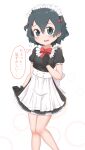  1girl alternate_costume apron back_bow black_dress black_gloves black_hair blue_eyes blush bow bowtie chis_(js60216) collar commentary_request dress enmaided eyebrows_visible_through_hair flying_sweatdrops frilled_collar frills gloves hair_bow highres kaban_(kemono_friends) kemono_friends looking_at_viewer maid maid_headdress puffy_short_sleeves puffy_sleeves red_bow red_neckwear short_dress short_hair short_sleeves short_twintails solo translation_request twintails white_apron 