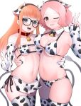  2girls animal_ears animal_print asymmetrical_docking bell bikini bikini_bottom bikini_top blush bra breast_press breasts cleavage cow_ears cow_horns cow_print cowbell elbow_gloves fingerless_gloves glasses gloves group_picture highres horns image_sample large_breasts loincloth long_hair looking_at_viewer matching_outfit multiple_girls okumura_haru one_eye_closed panties pelvic_curtain persona persona_5 reneph sakura_futaba sideboob small_breasts smile swimsuit thighhighs thighs twitter_sample underwear v 