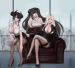  3girls absurdres agent_(girls_frontline) alchemist_(girls_frontline) alternate_breast_size alternate_costume asymmetrical_hair bangs black_hair blue_sky blurry breast_hold breast_rest breasts bright_pupils brown_eyes brown_legwear building cigarette cityscape cleavage collarbone contemporary covered_nipples crossed_legs day depth_of_field double_bun english_text eyelashes eyeliner eyepatch fingernails fishnet_legwear fishnets formal garter_straps gcg girls_frontline hand_on_another&#039;s_ass hand_on_own_thigh high_heels highres holding holding_cigarette huge_breasts id_card indoors lanyard lapel_pin leaning_forward leather_chair legs lips lipstick long_hair looking_at_viewer makeup multiple_girls office_lady ouroboros_(girls_frontline) pantyhose parted_bangs parted_lips partially_unbuttoned partially_unzipped pencil_skirt red_eyes ribbed_sweater sangvis_ferri shirt sideboob sidelocks sitting skirt sky skyscraper sleeveless_sweater smoke smoking suit sweater thighhighs thighs tongue tongue_out turtleneck turtleneck_sweater twintails very_long_hair white_pupils white_shirt yellow_eyes 