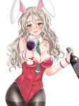  1girl absurdres alcohol animal_ears between_breasts black_legwear bottle breasts brown_eyes cleavage commentary_request cowboy_shot cup detached_collar drinking_glass gradient green_necktie grey_hair hair_between_eyes highres kantai_collection leotard looking_at_viewer medium_breasts necktie nitamako_(sakamalh) open_mouth pantyhose playboy_bunny pola_(kancolle) rabbit_ears red_leotard solo strapless strapless_leotard teeth thick_eyebrows thighband_pantyhose upper_teeth wavy_hair white_background wine wine_bottle wine_glass wrist_cuffs 