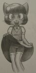  anthro bottomwear clothed clothing clothing_lift domestic_cat dress epilepticgerbil felid feline felis female genitals graphite_(artwork) ivy_pepper lackadaisy legwear mammal no_underwear partially_clothed pencil_(artwork) pussy skirt skirt_lift stockings traditional_media_(artwork) webcomic whiskers 
