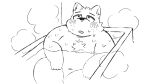  16:9 2021 anthro bathing bathtub belly canid canine canis domestic_dog hi_res kemono male mammal monochrome navel overweight overweight_male shir0anko sitting sketch solo wet widescreen 