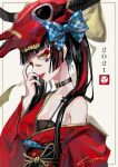  1girl 2021 bangs black_hair blunt_bangs bow chinese_zodiac choker cow_skull hair_bow hand_up highres japanese_clothes kimono long_hair looking_at_viewer off_shoulder original profile ram_(ramlabo) red_kimono signature skull_on_head solo twintails upper_body year_of_the_ox yellow_eyes 