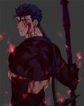  1boy automney back beads black_gloves blood blood_on_face bloody_clothes blue_hair closed_mouth cu_chulainn_(fate)_(all) cu_chulainn_alter_(fate/grand_order) dark_blue_hair dark_persona earrings elbow_gloves facepaint fate/grand_order fate_(series) from_behind gae_bolg_(fate) gloves hair_beads hair_ornament holding holding_polearm holding_weapon jewelry long_hair looking_back male_focus polearm ponytail red_eyes simple_background solo spiked_hair weapon 