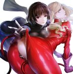  2girls bar_censor blonde_hair blush bodysuit breasts brown_hair censored earrings glassjill gloves green_eyes highres jewelry long_hair multiple_girls niijima_makoto nipples open_clothes persona persona_5 pink_gloves pussy pussy_juice red_bodysuit red_eyes see-through_silhouette shiny shiny_clothes tail takamaki_anne twintails 