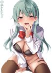  1girl aqua_hair black_bra black_panties blush bow bowtie bra breasts cleavage ebifurya green_eyes hair_ornament hairclip hand_to_own_mouth highres kantai_collection large_breasts long_hair looking_at_viewer open_clothes open_mouth open_shirt orange_neckwear panties panty_pull shirt sidelocks simple_background sitting solo suzuya_(kantai_collection) thighhighs twitter_username underwear white_background white_shirt 