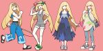  1girl acerola_(pokemon) acerola_(pokemon)_(cosplay) alternate_costume arm_behind_back armlet bag bare_arms blonde_hair blue_pants collarbone commentary cosplay dress facepaint fishing_rod flip-flops flower green_eyes green_footwear grey_overalls hair_flower hair_ornament hair_over_one_eye hairband hand_on_hip hand_up highres holding holding_fishing_rod holding_ladle knees ladle lana_(pokemon) lana_(pokemon)_(cosplay) long_hair lusamine_(pokemon) mallow_(pokemon) mallow_(pokemon)_(cosplay) mina_(pokemon) mina_(pokemon)_(cosplay) multiple_views nutkingcall one_eye_closed open_mouth overalls oversized_clothes oversized_shirt pants pink_background pink_flower pokemon pokemon_(game) pokemon_sm sandals shirt shoes simple_background sleeveless sleeveless_shirt smile stitches toes white_shirt yellow_hairband 