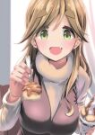  1girl :d blonde_hair breasts commentary eyebrows_visible_through_hair fang feeding food green_eyes highres holding ice_cream inuyama_aoi large_breasts long_hair n2midori open_mouth pov skin_fang smile solo spoon thick_eyebrows upper_body yurucamp 