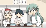  3girls alternate_costume aqua_hair black_hair bowl closed_eyes commentary_request dated grey_eyes hair_ornament hairband hairclip hamu_koutarou handkerchief headband highres houshou_(kantai_collection) kantai_collection kappougi long_hair multiple_girls ponytail shoukaku_(kantai_collection) smile suzuya_(kantai_collection) sweater upper_body white_hair white_sweater 