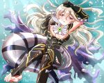  1girl armor bad_feet barefoot blonde_hair breasts brooch bubble cape cleavage corrin_(fire_emblem) corrin_(fire_emblem)_(female) cravat dragon_tail fire_emblem fire_emblem_fates gauntlets greaves highres jewelry looking_at_viewer official_alternate_costume poketama solo tail torn_cape torn_clothes underwater 