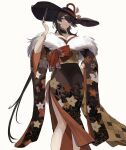  absurdres arm_strap azur_lane bangs bare_shoulders black_headwear blue_eyes breasts brown_hair brown_kimono brown_sleeves cleavage collarbone eyepatch fur-trimmed_kimono fur_trim georgia_(azur_lane) georgia_(exalted_vibrance)_(azur_lane) heterochromia highres japanese_clothes kimono large_breasts looking_at_viewer official_alternate_costume platform_footwear user_rswv5528 