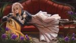  blonde_hair blue_eyes braids couch dress flowers gloves gold_can realistic violet_evergarden violet_evergarden_(character) 