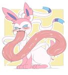  &lt;3 &lt;3_eyes ambiguous_gender blue_eyes blush bodily_fluids eeveelution fur hi_res hyper hyper_tongue long_tongue looking_at_viewer nintendo nude open_mouth pink_body pink_fur pok&eacute;mon pok&eacute;mon_(species) quadruped ribbons saliva simple_background sitting smile solo sylveon tongue tongue_out unknown_artist video_games white_body white_fur yellow_background 