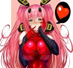  1girl bangs blush bodysuit breasts elbow_gloves gloves green_eyes gundam haro heart heart_in_eye highres ill_(0022) large_breasts mechanical_ears original personification pink_hair red_gloves skin_tight solo speech_bubble spoken_heart symbol_in_eye twintails upper_body 