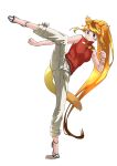  1girl absurdres alternate_costume animal_ears bare_shoulders blonde_hair bracelet brown_eyes capri_pants casual circlet commentary_request eyebrows_visible_through_hair full_body golden_snub-nosed_monkey_(kemono_friends) high_heels high_kick highres jewelry kemono_friends kemono_friends_3 kicking long_hair long_ponytail monkey_ears monkey_girl monkey_tail multicolored_hair necklace official_alternate_costume orange_hair pants ponytail red_sweater sleeveless solo sweater sweater_vest tail tanabe_(fueisei) turtleneck turtleneck_sweater white_pants 