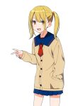  1girl :d blonde_hair blue_skirt blush brown_jacket hand_in_pocket jacket kisaragi_hina open_mouth original ponytail red_neckwear school_uniform serafuku simple_background skirt smile standing twintails uniform white_background yellow_eyes 