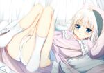 1girl :o ahoge ass aties20 bangs blue_eyes blush cameltoe commentary_request dress eyebrows_visible_through_hair fingering fingering_through_clothes fingering_through_panties frilled_dress frills hair_between_eyes highres knees_up long_hair lying masturbation masturbation_through_clothing no_shoes on_back on_bed original panties parted_lips pillow pink_dress socks solo through_clothes underwear very_long_hair white_hair white_legwear white_panties 