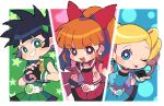  3girls :d ;p akazutsumi_momoko belt black_gloves black_hair blonde_hair blue_eyes blue_jacket blue_shirt blue_skirt blush_stickers bow commentary drill_hair fingerless_gloves gloves goutokuji_miyako green_eyes green_shirt green_skirt grin hair_bow hyper_blossom jacket long_hair looking_at_viewer magical_girl matsubara_kaoru miyata_(lhr) multiple_girls one_eye_closed open_mouth pink_jacket ponytail powered_buttercup powerpuff_girls_z red_eyes red_shirt red_skirt rolling_bubbles shirt short_hair skirt sleeveless sleeveless_jacket smile tongue tongue_out twintails yellow_jacket 