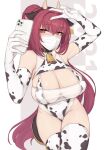  1girl 2021 animal_ears animal_print bangs bell bell_collar breasts cellphone collar cow_ears cow_horns cow_print elbow_gloves evan_yang fake_animal_ears fate/grand_order fate_(series) gloves hair_between_eyes hairband highleg highleg_leotard highres horns large_breasts leotard long_hair looking_at_viewer mask mouth_mask phone ponytail purple_hair red_eyes scathach_(fate) scathach_(fate)_(all) self_shot simple_background surgical_mask thighhighs thighs v white_gloves white_legwear white_leotard 