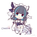  1girl :3 anchor azur_lane bangs black_footwear black_hair blue_dress blue_eyes blue_hair character_name cheshire_(azur_lane) chibi closed_mouth commentary_request detached_sleeves dress eyebrows_visible_through_hair frilled_dress frills garter_straps head_tilt high_heels langbazi multicolored_hair puffy_short_sleeves puffy_sleeves shoes short_sleeves signature simple_background solo standing standing_on_one_leg streaked_hair thighhighs two-tone_hair white_background white_legwear white_sleeves wrist_cuffs 
