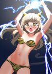  1girl absurdres animal_print armpits arms_up blonde_hair blue_background blush breasts cleavage collarbone eyebrows_visible_through_hair fake_horns glasses groin highres horns huge_filesize kuroniko lightning long_hair looking_at_viewer navel oni_costume oni_horns open_mouth perrine_h_clostermann setsubun shiny shiny_hair shiny_skin simple_background skindentation small_breasts solo strike_witches sweat tiger_print world_witches_series yellow_eyes 