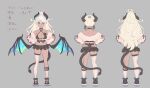  1girl aran_legwear asymmetrical_legwear bikini bikini_skirt black_bikini black_choker black_flower black_footwear black_rose black_skirt blue_eyes blue_wings breasts choker closed_mouth concept_art dark_skin dark_skinned_female demon_girl demon_horns demon_tail demon_wings dot_nose enkyo_yuuichirou flower from_behind grey_background hair_between_eyes hands_on_hips highres horns large_breasts long_hair looking_at_viewer low_wings miniskirt multiple_views off-shoulder_sweater off_shoulder original pink_sweater pointy_ears ponytail rose shoes single_sock single_thighhigh skirt smile sneakers socks sweater swimsuit tail thighhighs translation_request underbust white_hair wings 