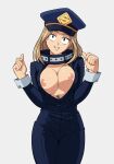  1girl black_bodysuit blonde_hair bodysuit boku_no_hero_academia breasts breasts_outside brown_eyes center_opening cleavage commentary cowboy_shot hands_up hat highres large_breasts legs_together long_hair looking_at_viewer nipples no_bra open_clothes peaked_cap simple_background skin_tight smile solo suoiresnu teeth unzipped utsushimi_kemii 