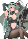  1girl absurdres aqua_hair arm_guards assault_rifle bangs black_gloves black_jacket black_legwear blue_eyes breasts character_name cleavage closed_mouth cz-805 cz-805_(girls_frontline) fingerless_gloves girls_frontline gloves goggles goggles_on_head gun highres jacket large_breasts lithographica long_hair navel pantyhose pouch rifle simple_background sitting skirt solo twitter_username two-tone_background weapon 