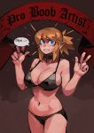  1girl 33dot absurdres banner bikini black_bikini black_choker blue_eyes breasts brown_hair choker cleavage commentary_request double_v elf english_text highres holding holding_stylus korean_commentary large_breasts navel original pointy_ears short_ponytail solo standing stylus sweatdrop swimsuit translation_request v 