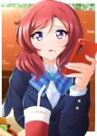  1girl :o arm_rest bangs black_jacket blue_neckwear blush bow bowtie breasts brick_wall cellphone collar collared_shirt cup disposable_cup drinking_straw food food_on_face hair_between_eyes hamburger highres holding holding_phone jacket kirisaki_reina long_sleeves looking_at_viewer love_live! love_live!_school_idol_project medium_breasts medium_hair nishikino_maki open_mouth outdoors phone purple_eyes red_hair school_uniform shirt smartphone solo uniform upper_body upper_teeth white_collar white_shirt 