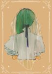  1girl border braid cropped_torso from_behind green_hair highres juliet_sleeves long_sleeves macross macross_frontier macross_frontier:_toki_no_meikyu orange_background osatsu_a puffy_sleeves ranka_lee shirt solo sparkle veil white_shirt 