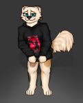  2020 absurd_res anthro black_clothing black_hoodie black_topwear blue_eyes blush bottomless canid canine clothed clothing digital_media_(artwork) female fur hi_res hindpaw hoodie hoodie_only mammal paws saucycorner shaded simple_background solo tan_body tan_fur topwear topwear_only 