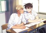  2boys :d amuro_tooru bangs black_pants blonde_hair blue_eyes blurry blush brown_hair buttons chair classroom closed_mouth collared_shirt commentary_request curtains depth_of_field desk dress_shirt eraser eye_contact hair_between_eyes holding holding_pencil indoors k_(gear_labo) kudou_shin&#039;ichi looking_at_another male_focus mechanical_pencil meitantei_conan multiple_boys notebook on_chair open_mouth pants pencil school_chair school_desk school_uniform shirt short_hair short_sleeves sitting sleeves_rolled_up smile what_if white_shirt window 