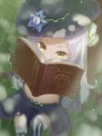  1girl absurdres against_tree bangs black_capelet black_gloves black_headwear blunt_bangs blurry book capelet cropped_shirt depth_of_field feet_out_of_frame gloves grey_shirt hair_ornament hat hexagram_hair_ornament highres hiraki_noboru holding holding_book hololive long_hair long_sleeves looking_at_viewer lowleg lowleg_skirt midriff miniskirt murasaki_shion peeking pinstripe_pattern purple_capelet reading shirt short_eyebrows side_bun silver_hair sitting skirt solo striped striped_legwear thigh_strap thighhighs tree vertical-striped_legwear vertical_stripes virtual_youtuber witch_hat yellow_eyes 