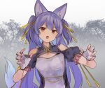  .live 1girl animal_ears fang fingerless_gloves forest gloves hair_ornament highres long_hair looking_at_viewer nature open_mouth orange_eyes ouka_(yama) purple_hair rurun_rururica solo tail virtual_youtuber white_background wolf_ears wolf_tail 