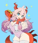  1girl :3 absurdres basil_(basillief) blue_eyes breasts cleavage cleavage_cutout clothing_cutout covered_navel dragon_horns dragon_tail fangs food hand_on_own_cheek hand_on_own_face highres holding holding_food horns indie_virtual_youtuber large_breasts leotard long_hair monchi_chizu open_mouth purple_hair skindentation smile solo sparkle taco tail thick_thighs thighhighs thighs virtual_youtuber 