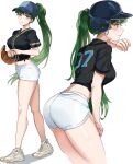  1girl absurdres alternate_costume ass baseball baseball_cap baseball_helmet baseball_mitt baseball_uniform black_shirt blush breasts fire_emblem green_eyes green_hair hat helmet highres large_breasts legs long_hair looking_at_viewer lyn_(fire_emblem) midriff multiple_views navel ormille ponytail shirt shorts solo sportswear sweat thighs very_long_hair white_background white_shorts 