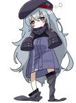  1girl absurdres bags_under_eyes bangs beret blush_stickers brown_eyes ck_(26982497) cosplay eyebrows_visible_through_hair g11_(girls_frontline) girls_frontline grey_hair hair_between_eyes hat highres hk416_(girls_frontline) hk416_(girls_frontline)_(cosplay) jacket long_hair long_sleeves loose_thighhigh messy_hair oversized_clothes sleeves_past_wrists solo thighhighs very_long_hair white_background 