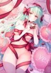  1girl absurdres aqua_hair breasts candy chocolate chocolate_heart dragon_girl dragon_horns fate/grand_order fate_(series) food heart heart-shaped_pupils highres holding holding_food horns kiyohime_(fate) long_hair lying medium_breasts multiple_horns naked_ribbon navel on_back pika_mouse red_ribbon ribbon solo symbol-shaped_pupils valentine yellow_eyes 
