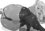  1girl animal_ears anus_peek ass boku_no_hero_academia bunny_ears bunny_tail cameltoe carrot commentary grin long_hair mirko monochrome nuezou simple_background smile solo tail thick_thighs thighhighs thighs toned white_background 