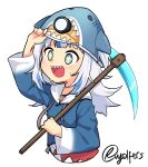  1girl blue_eyes blue_hoodie cropped_torso diamond_pickaxe gawr_gura helmet highres holding hololive hololive_english hood hood_down hoodie long_hair long_sleeves minecraft mining_helmet pickaxe sharp_teeth smile solo sweat teeth twitter_username two_side_up vyolfers white_hair 