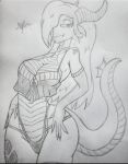  5_fingers anonymous_artist clothed clothing dragon female fingers hair monochrome scalie solo worn_out 