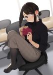  1girl bangs black_legwear blush brown_eyes brown_hair chair commentary_request douki-chan_(yomu_(sgt_epper)) feet ganbare_douki-chan gift highres holding holding_gift id_card looking_at_viewer pantyhose parted_bangs ribbed_sweater short_hair sitting skirt solo sweater table tied_hair valentine yomu_(sgt_epper) 