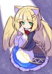 1girl :o animal_ear_fluff animal_ears bangs black_jacket blonde_hair blue_skirt blush bow eyebrows_visible_through_hair feathered_wings frilled_skirt frills green_eyes hair_ornament hairclip hands_clasped hands_up highres ichi interlocked_fingers jacket long_sleeves looking_at_viewer original own_hands_together parted_lips red_bow shirt sketch skirt solo white_shirt wide_sleeves wings yellow_wings 