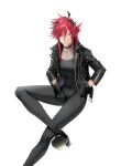  1girl ankle_boots boots breasts crossed_legs fishnets hands_in_pockets horns jacket leather leather_jacket long_hair looking_away looking_down looking_to_the_side original red_hair shiohara_shinogi sidelocks sitting skin_tight small_breasts turtleneck 