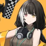 1girl bangs black_hair breasts commentary eyebrows_visible_through_hair gas_mask girls_frontline headset heterochromia holding holding_megaphone jacket jacket_over_shoulder lanyard large_breasts long_hair looking mask_around_neck megaphone mikoto_(oi_plus) mod3_(girls_frontline) multicolored_hair red_eyes ro635_(girls_frontline) sleeveless_sweater smile solo streaked_hair white_hair yellow_background yellow_eyes yellow_jacket 