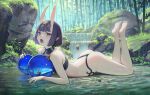  1girl absurdres ass bamboo bamboo_forest bare_legs barefoot bob_cut breasts eyeliner fate/grand_order fate_(series) feet feet_up forest headpiece highres horns legs_up light_particles looking_at_viewer looking_to_the_side lying makeup nature on_stomach oni oni_horns outdoors pointy_ears purple_eyes purple_hair ripples short_eyebrows short_hair shuten_douji_(fate) skin-covered_horns small_breasts soles solo the_pose toes vertigris water waterfall wet 