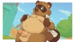 2021 animal_crossing anthro balls belly blush brown_body brown_fur canid canine clothed clothing digital_media_(artwork) erection fur genitals hi_res humanoid_genitalia humanoid_penis looking_at_viewer mabit male mammal navel nintendo outside overweight overweight_anthro overweight_male partially_clothed penis raccoon_dog solo tanuki tom_nook_(animal_crossing) topwear video_games 